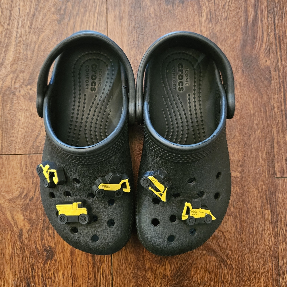 CROCS Kids Black Slippers with Yellow Construction Charms